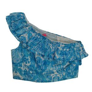 Lilly Pulitzer Lagoon Linen One-Shoulder Blue Ruffle Crop Top Size 6.